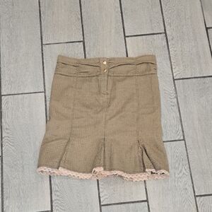 Lux Tweed Lace Trim Skirt Khaki Brown Herringbone Pleated‎ Mini Size 5
